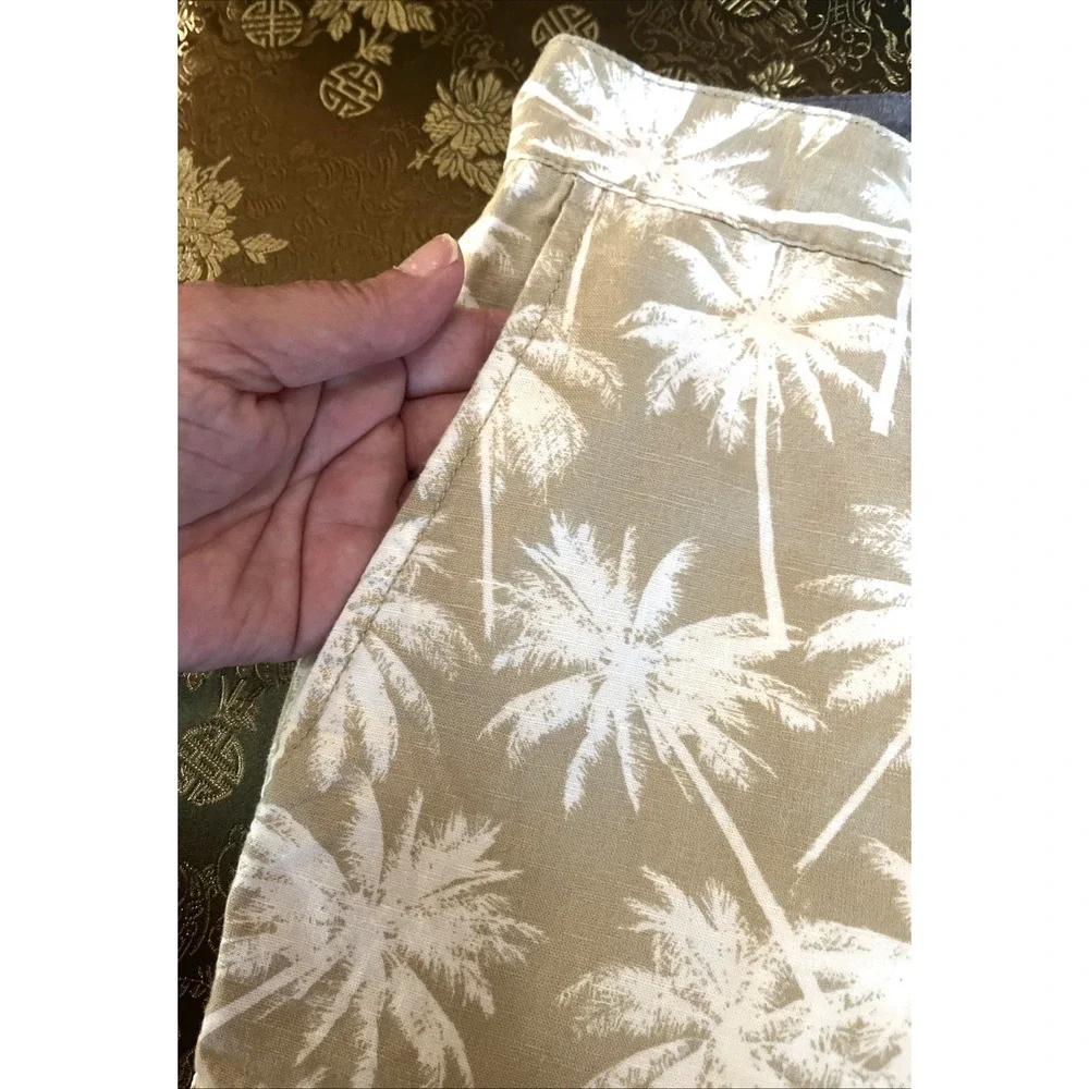 Nautica Men's Linen Cabana Shorts Palm Tree Print Flat Front Khaki White 36W